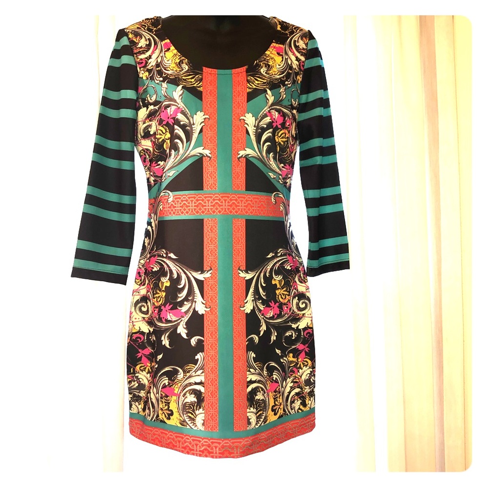 Mixed Print Long Sleeve BodyCon Mini Dress Size L